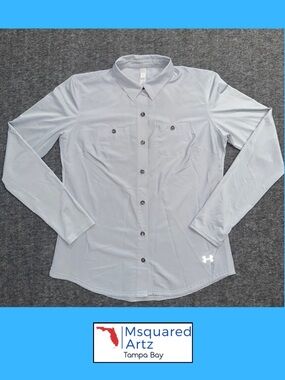 Under Armour HeatGear Women Medium Gray Long Sleeve Button Up Performance Shirt